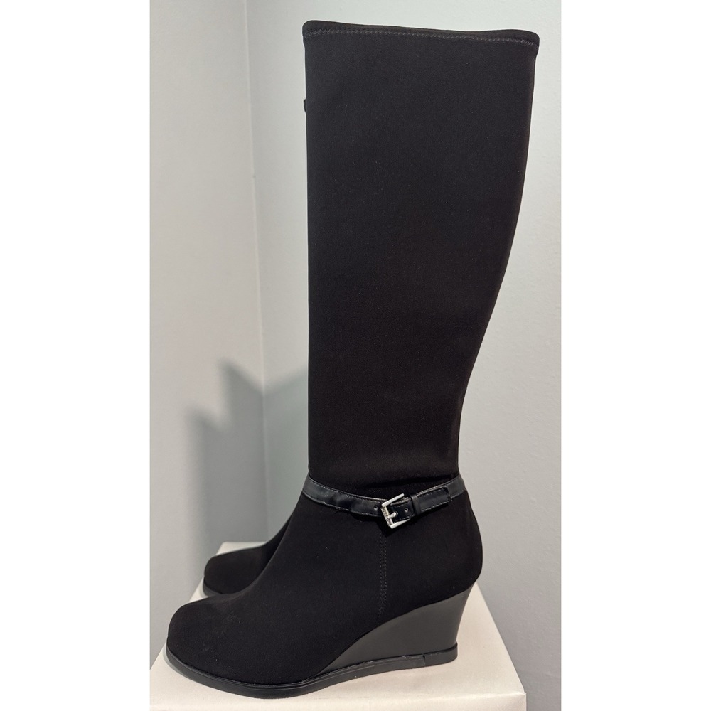 Ralph Lauren Tula Black Wedge Boots Womens Size 8.5B Black Stretch Fabric NEW